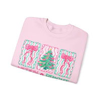 Merry & Bright Christmas - Pink & Green Holiday Tree Design – Gildan Heavy Blend | Trendy Women’s Soft Sweatshirt. Direct to Garment. Printed & Shipped in the USA. Unisex Sizes.
