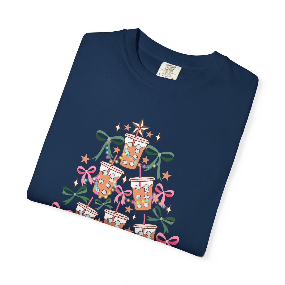 Merry and Caffeinated Iced Coffee Christmas Tree - Comfort Colors | Trendy Women's T-Shirt. Direct to Garment. Printed & Shipped in the USA. Unisex Sizes.