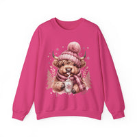 Cozy Highland Cow, Winter Coffee Mug & Scarf Pink – Gildan Heavy Blend | Trendy Women’s Soft Sweatshirt. Direct to Garment. Printed & Shipped in the USA. Unisex Sizes.