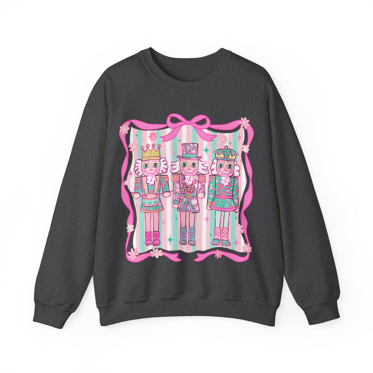 Coquette Pastel Christmas Nutcracker Trio Pink and Green – Gildan Heavy Blend | Trendy Women’s Soft Sweatshirt. Direct to Garment. Printed & Shipped in the USA. Unisex Sizes.