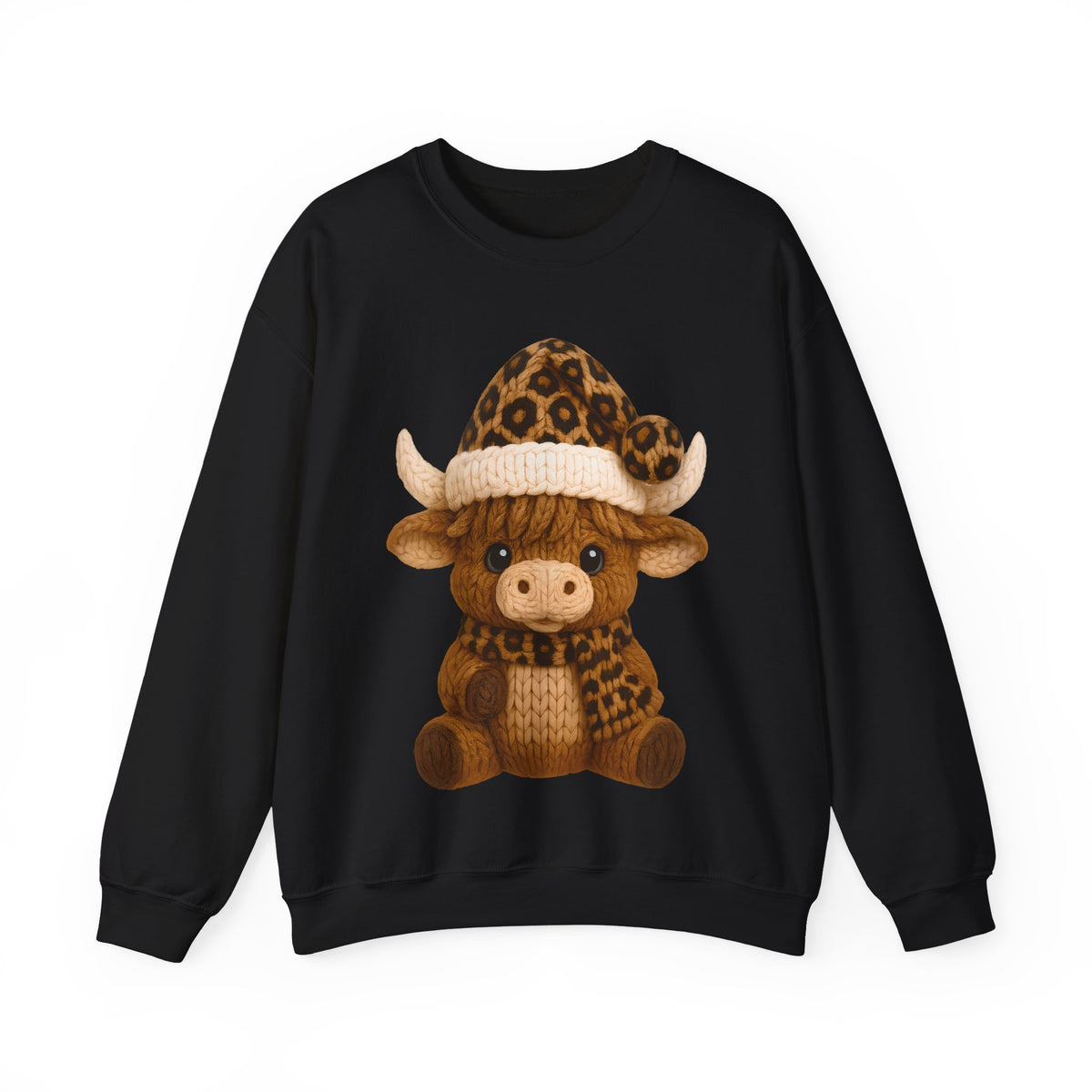 Cute Highland Cow with Leopard Santa Hat Christmas – Gildan Heavy Blend | Trendy Women’s Soft Sweatshirt. Direct to Garment. Printed & Shipped in the USA. Unisex Sizes.