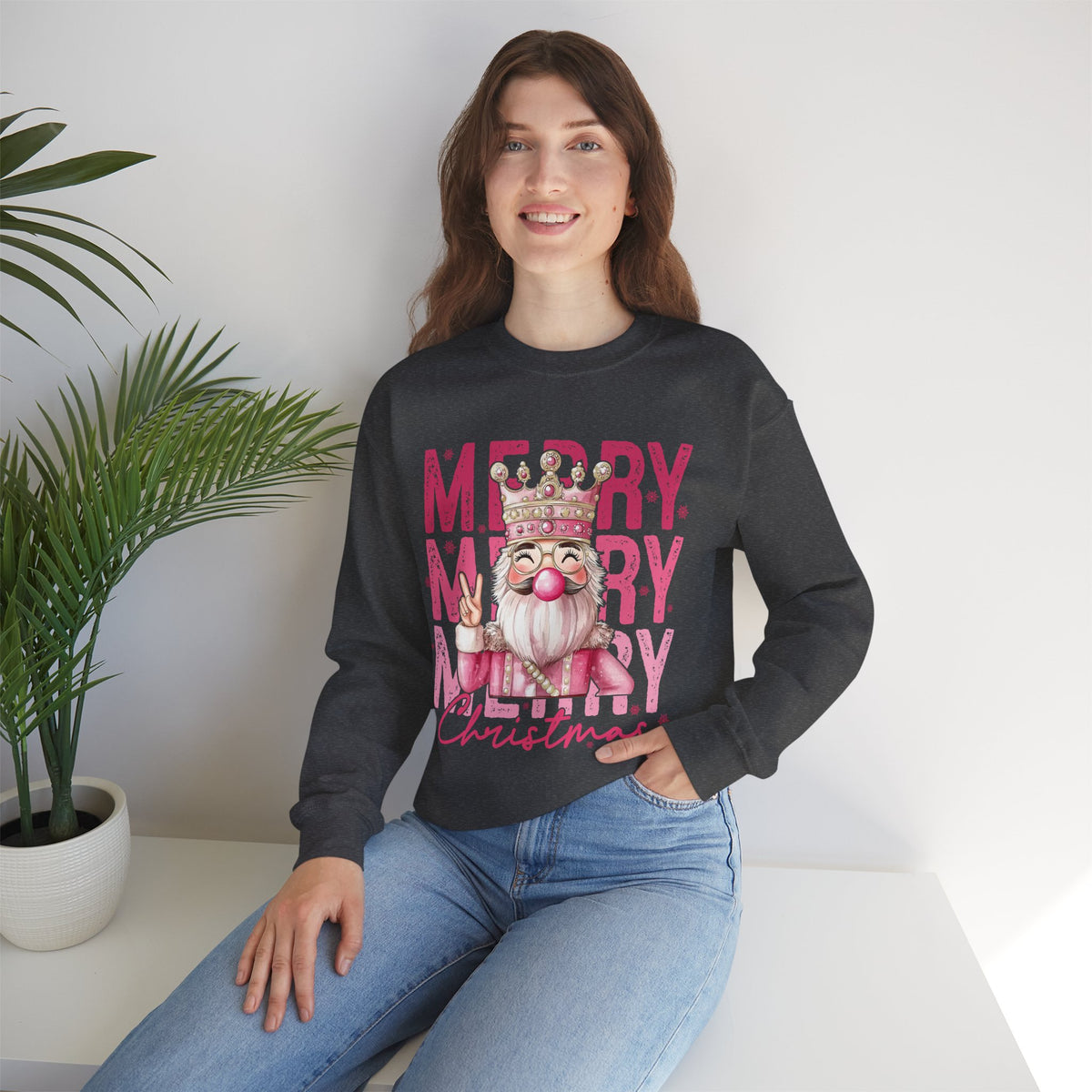 Merry Christmas - Cute Pink Bubblegum Nutcracker – Gildan Heavy Blend | Trendy Women’s Soft Sweatshirt. Direct to Garment. Printed & Shipped in the USA. Unisex Sizes.