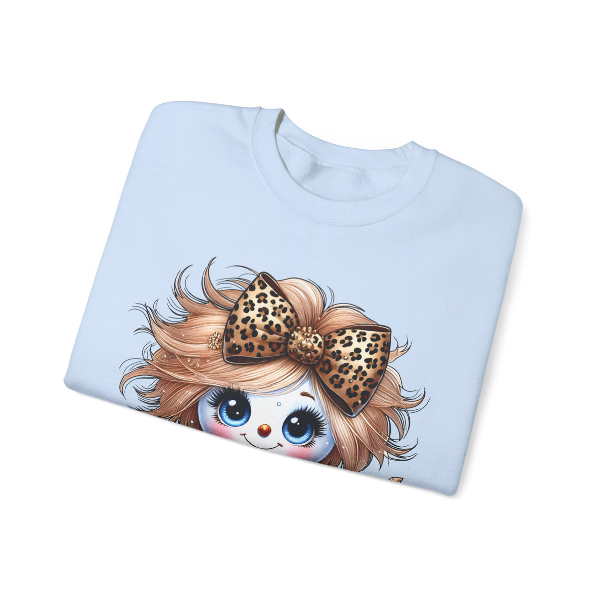 Snowgirl Cute Leopard Bow Snowman, Winter Cozy – Gildan Heavy Blend | Trendy Women’s Soft Sweatshirt. Direct to Garment. Printed & Shipped in the USA. Unisex Sizes.