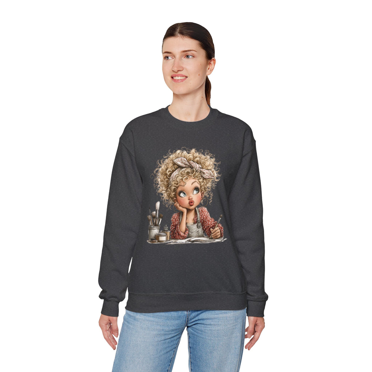 Cute Artist Curly Girl – Gildan Heavy Blend | Trendy Women’s Soft Sweatshirt. Direct to Garment. Printed & Shipped in the USA. Unisex Sizes.