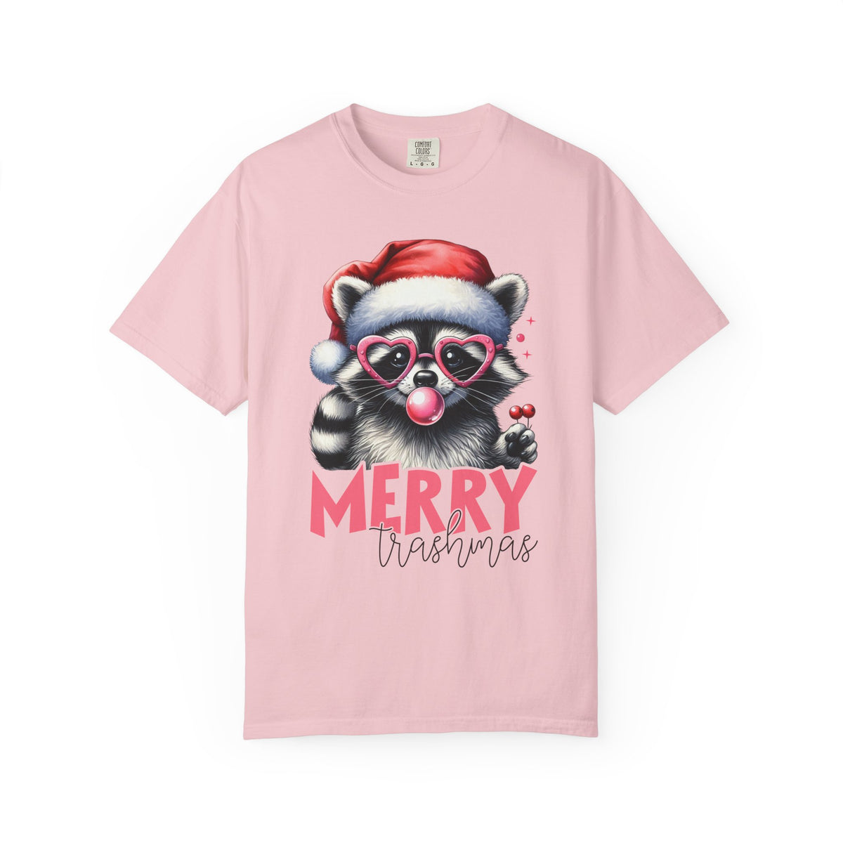 Merry Trashmas Bubblegum Raccoon w/Santa Hat Christmas - Comfort Colors | Trendy Women's T-Shirt. Direct to Garment. Printed & Shipped in the USA. Unisex Sizes.