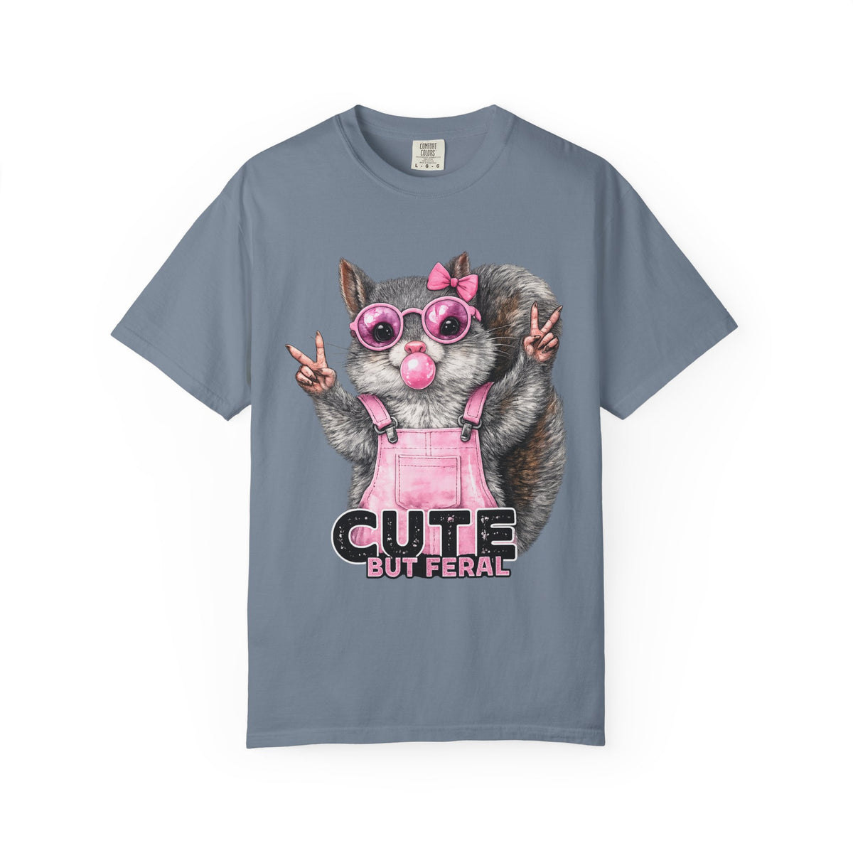 Cute But Feral, Squirrel in Pink Bibs - Comfort Colors | Trendy Women's T-Shirt. Direct to Garment. Printed & Shipped in the USA. Unisex Sizes.