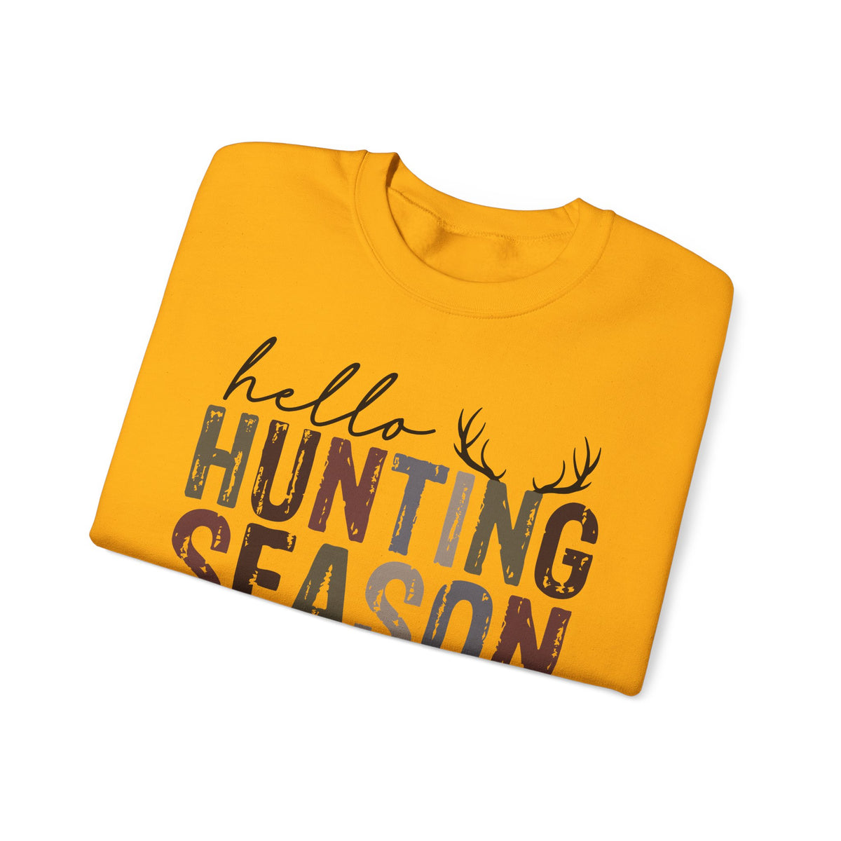Hello Hunting Season Goodbye Husband Camouflage Wife – Gildan Heavy Blend | Trendy Women’s Soft Sweatshirt. Direct to Garment. Printed & Shipped in the USA. Unisex Sizes.