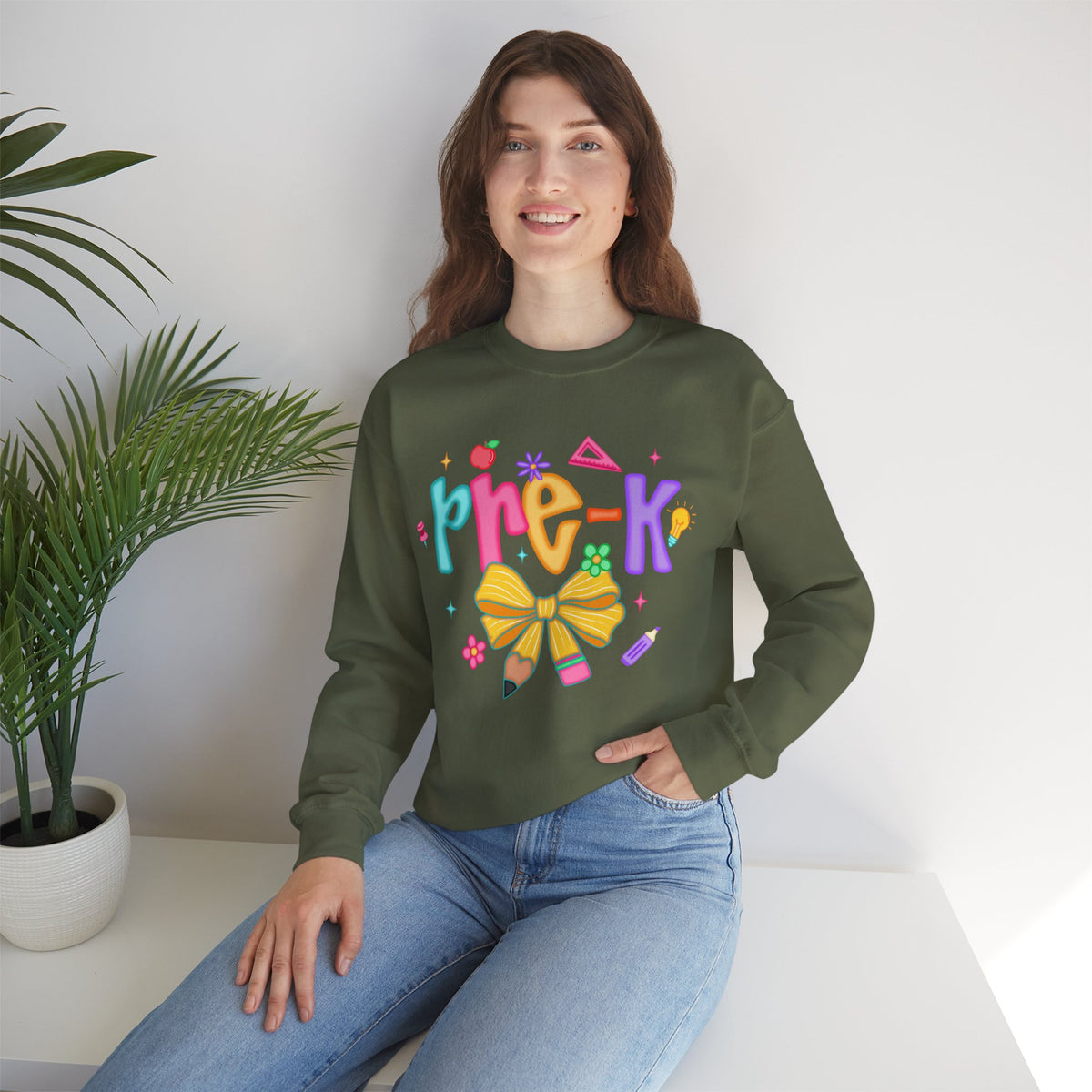 Coquette Pre-K Pencil Bow – Gildan Heavy Blend | Trendy Women’s Soft Sweatshirt. Direct to Garment. Printed & Shipped in the USA. Unisex Sizes.