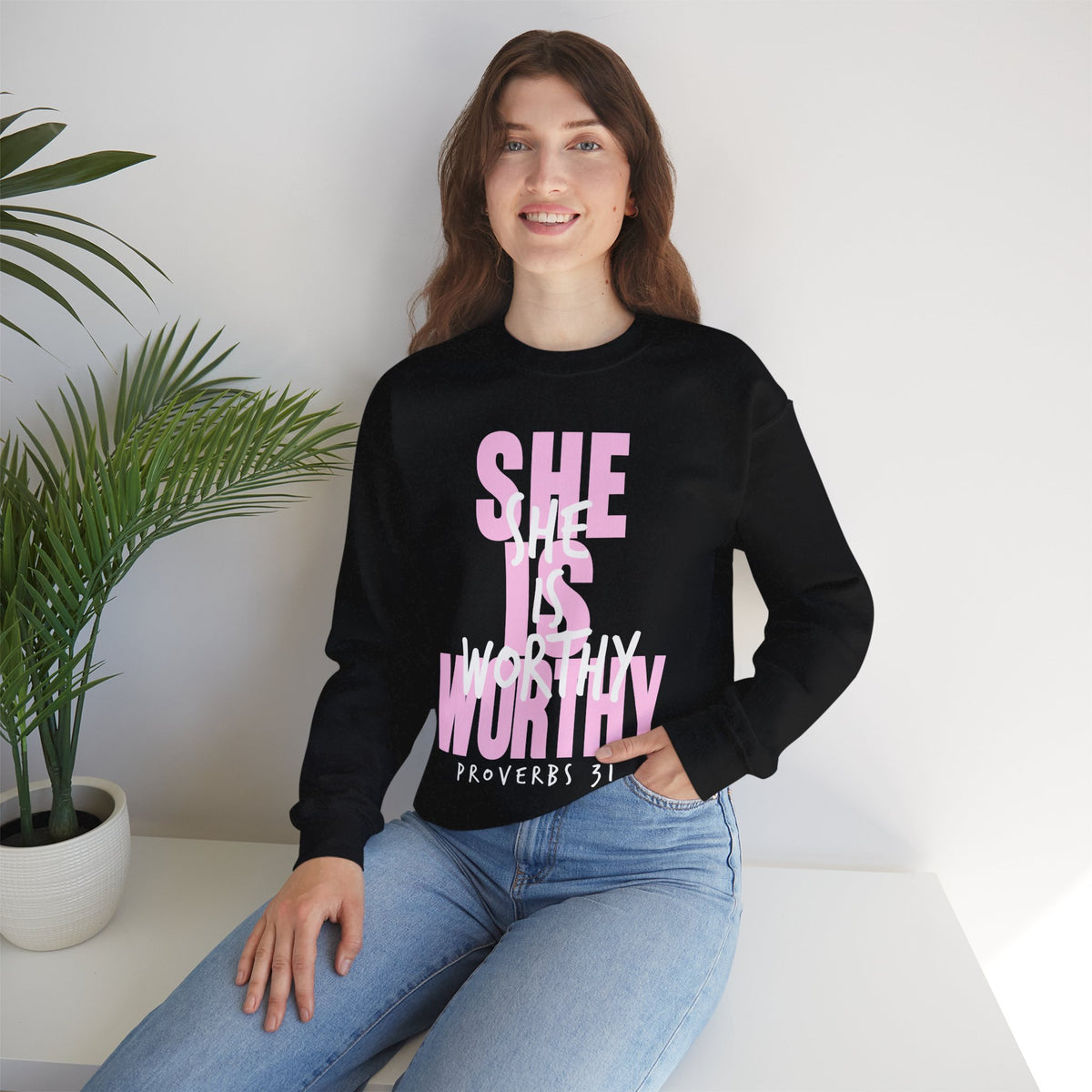 She Is Worthy – Gildan Heavy Blend | Trendy Women’s Soft Sweatshirt. Direct to Garment. Printed & Shipped in the USA. Unisex Sizes.