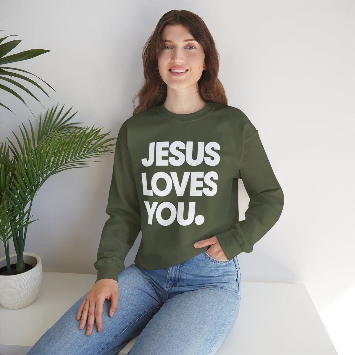 Jesus Loves You – Gildan Heavy Blend | Trendy Women’s and Men's Soft Sweatshirt. Direct to Garment. Printed & Shipped in the USA. Unisex Sizes.