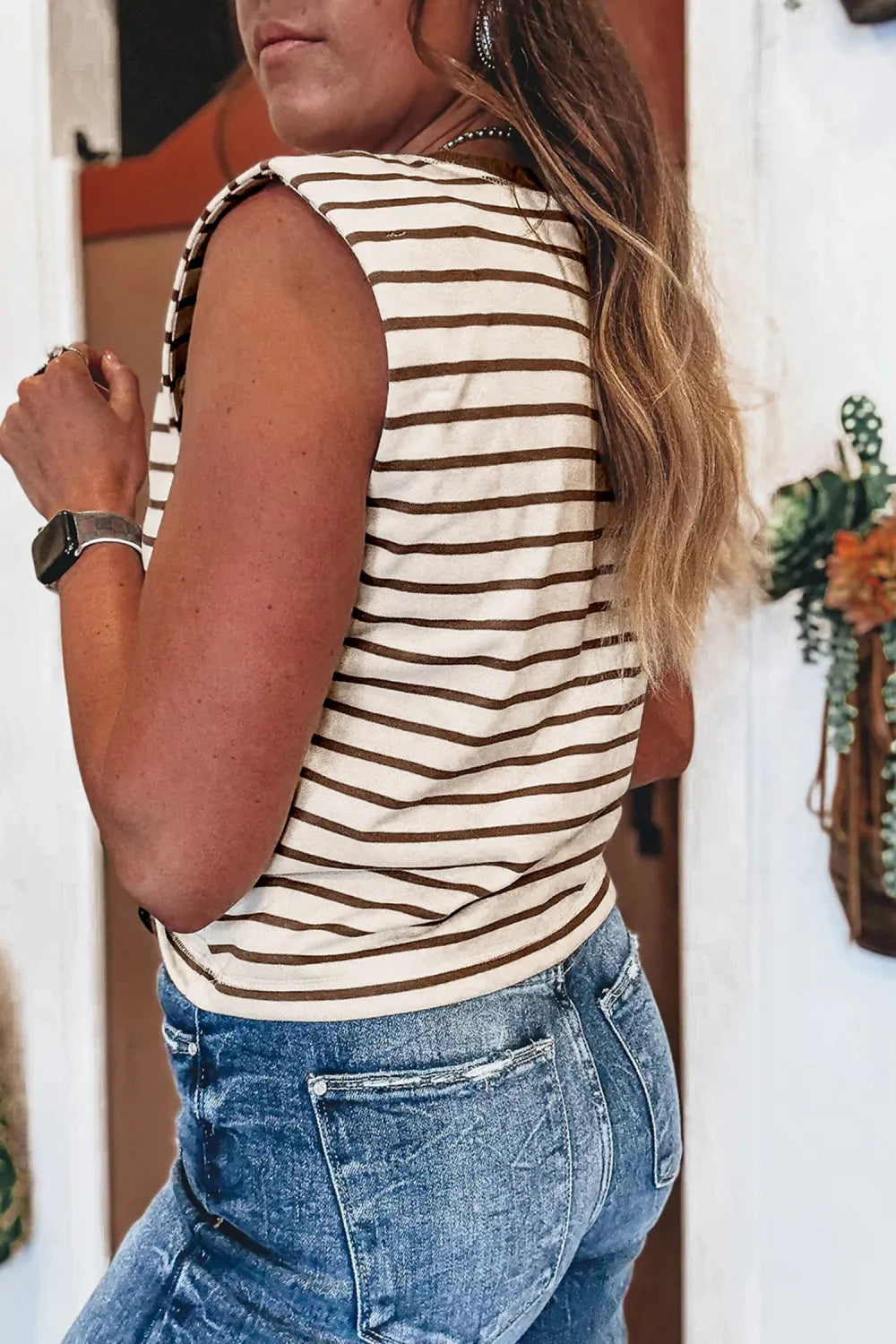 Tan/Brown Striped Sleeveless Loose-Fitting Top