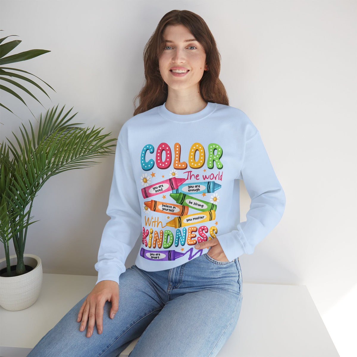Color the World With Kindness Crayons, Great Teacher Gift – Gildan Heavy Blend | Trendy Women’s and Men's Soft Sweatshirt. Direct to Garment. Printed & Shipped in the USA. Unisex Sizes.
