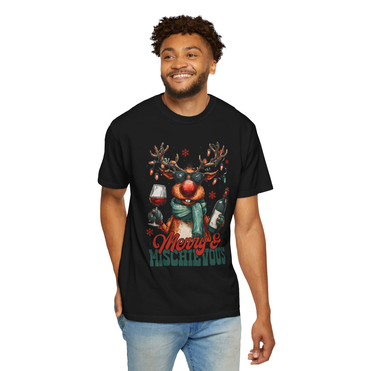 Merry & Mischievous Reindeer - Comfort Colors | Trendy Women's and Men's T-Shirt. Direct to Garment. Printed & Shipped in the USA. Unisex Sizes.
