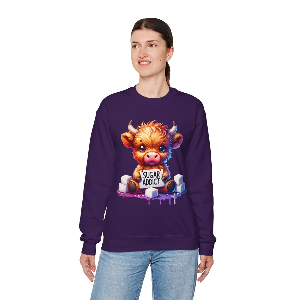 Sugar Addict Highland Cow – Gildan Heavy Blend | Trendy Women’s Soft Sweatshirt. Direct to Garment. Printed & Shipped in the USA. Unisex Sizes.