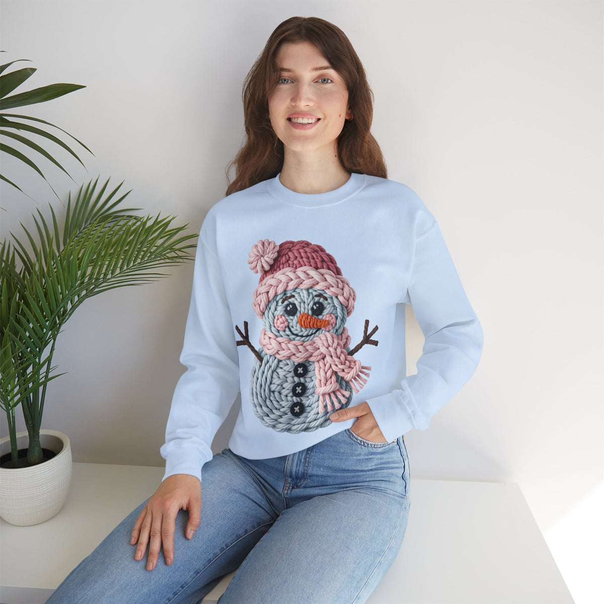 Cute Yarn Snowman - Pink Scarf Faux Yarn – Gildan Heavy Blend | Trendy Women’s Soft Sweatshirt. Direct to Garment. Printed & Shipped in the USA. Unisex Sizes.