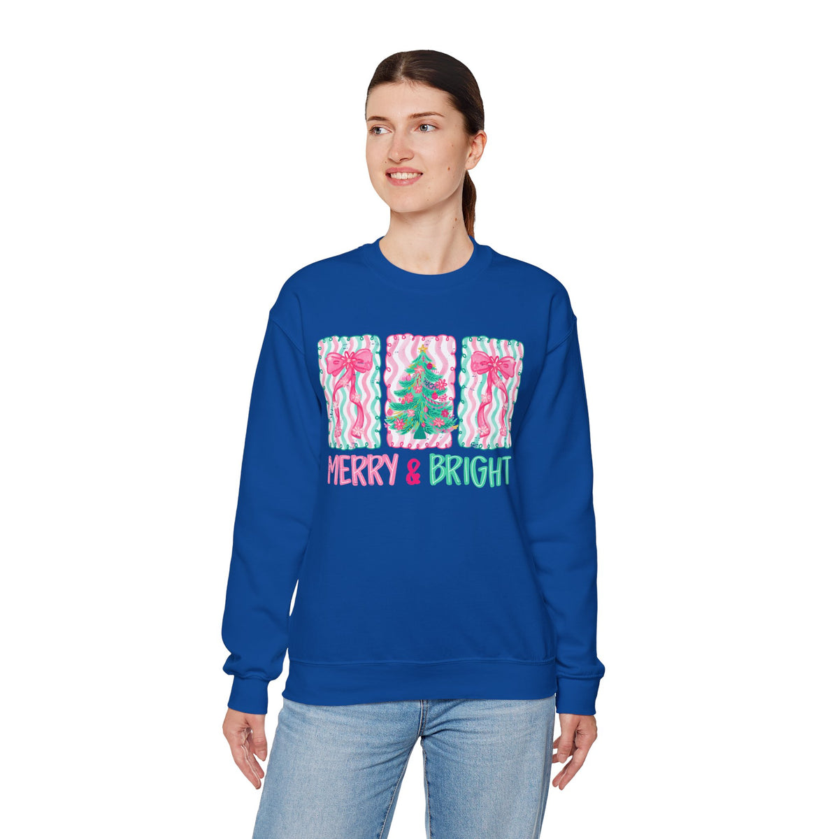 Merry & Bright Christmas - Pink & Green Holiday Tree Design – Gildan Heavy Blend | Trendy Women’s Soft Sweatshirt. Direct to Garment. Printed & Shipped in the USA. Unisex Sizes.