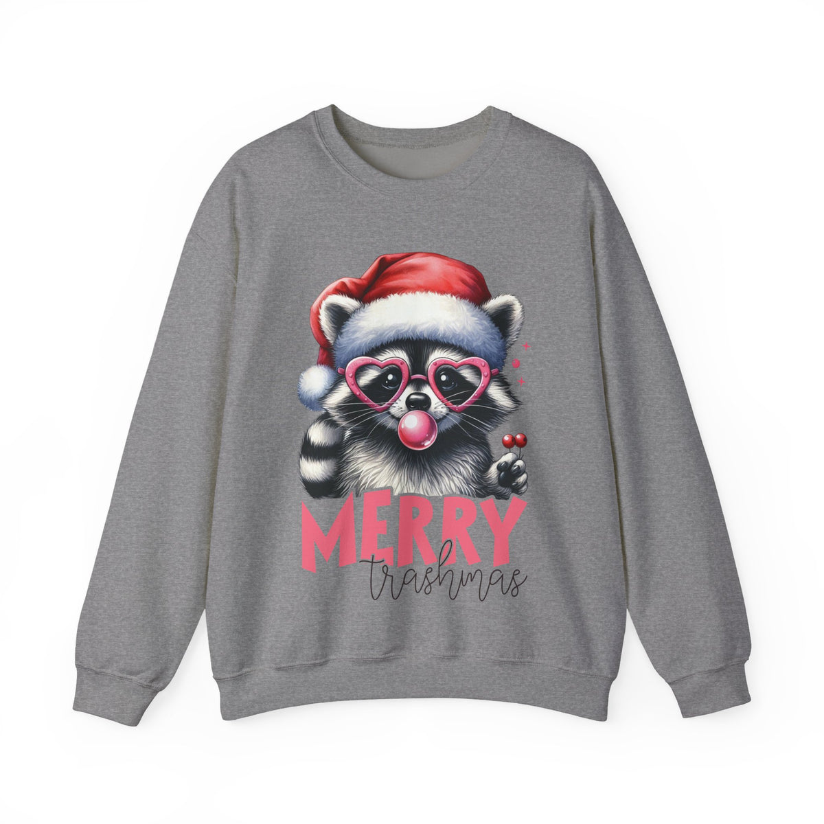 Merry Trashmas Bubblegum Raccoon w/Santa Hat Christmas – Gildan Heavy Blend | Trendy Women’s Soft Sweatshirt. Direct to Garment. Printed & Shipped in the USA. Unisex Sizes.