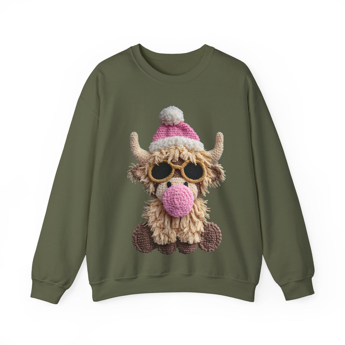 Faux Crochet Highland Cow Bubblegum – Gildan Heavy Blend | Trendy Women’s Soft Sweatshirt. Direct to Garment. Printed & Shipped in the USA. Unisex Sizes.