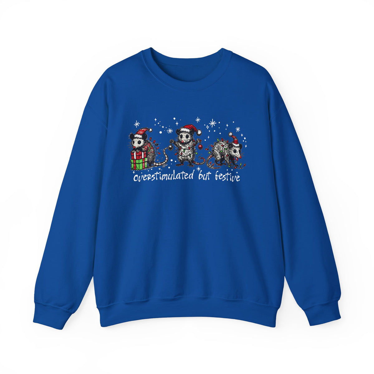 Overstimulated But Festive Christmas Possums – Gildan Heavy Blend | Trendy Women’s and Men's Soft Sweatshirt. Direct to Garment. Printed & Shipped in the USA. Unisex Sizes.