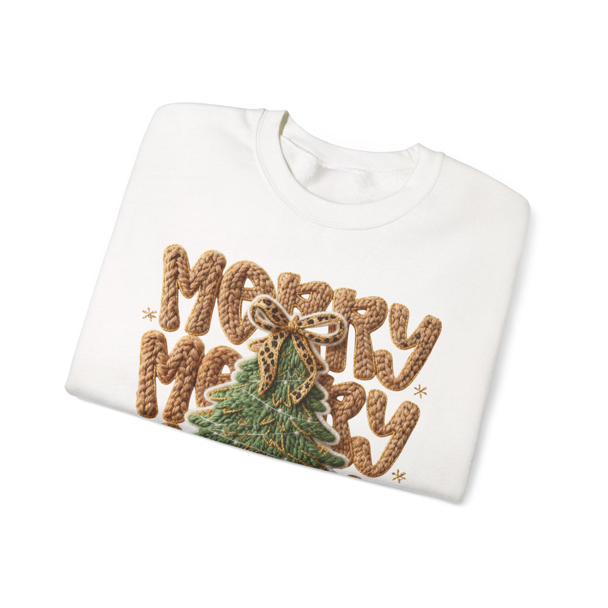 Merry Merry Merry Christmas, Faux Latch Hook Yarn – Gildan Heavy Blend | Trendy Women’s Soft Sweatshirt. Direct to Garment. Printed & Shipped in the USA. Unisex Sizes.