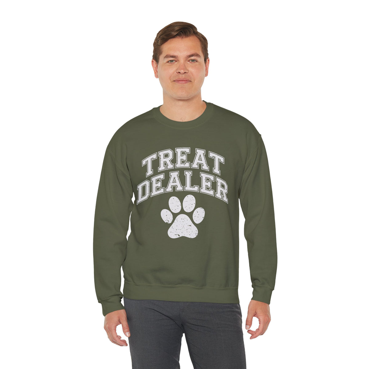 Treat Dealer, Dog Lover – Gildan Heavy Blend | Trendy Men's and Women’s Soft Sweatshirt. Direct to Garment. Printed & Shipped in the USA. Unisex Sizes.