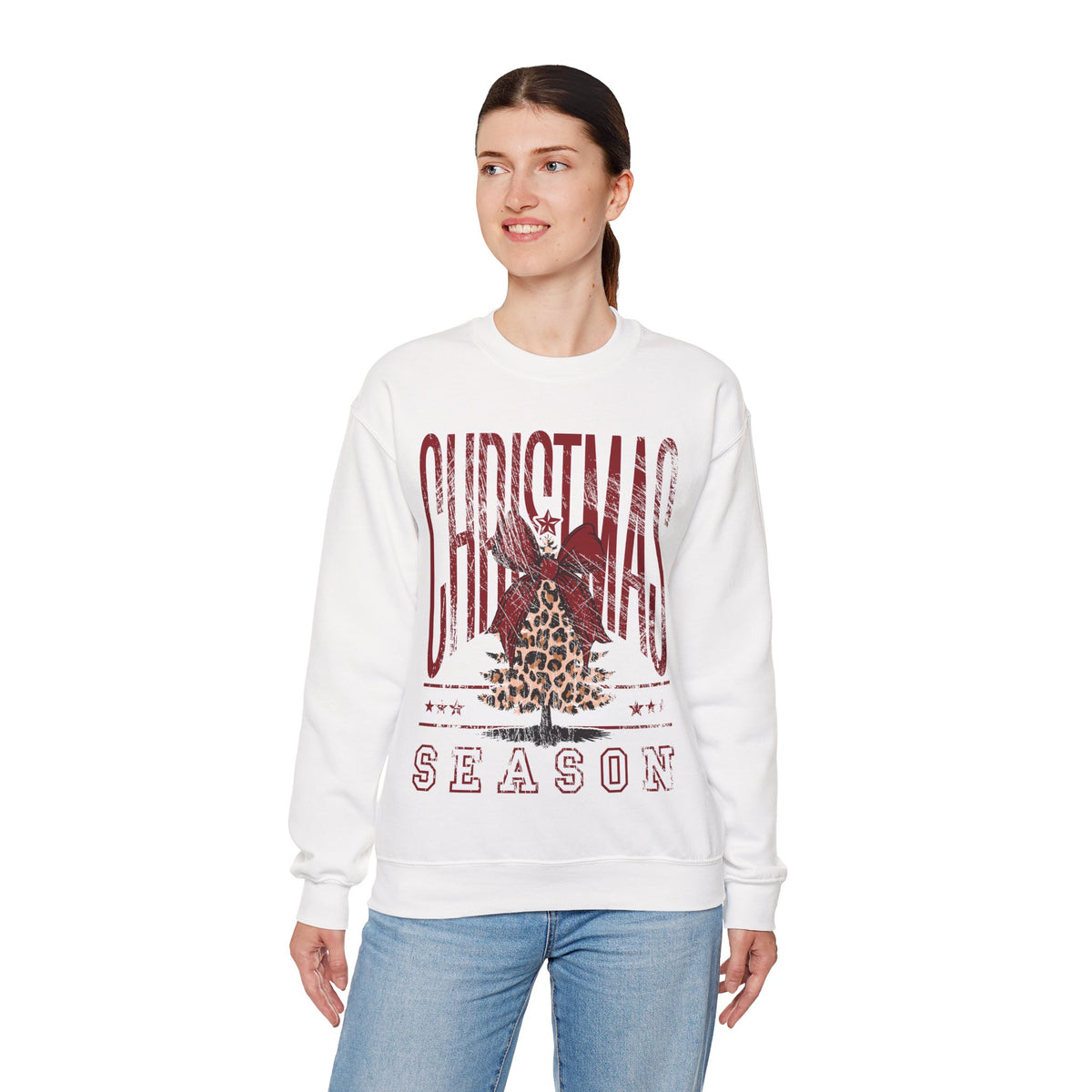 Christmas Season Leopard Tree Distressed – Gildan Heavy Blend | Trendy Women’s Soft Sweatshirt. Direct to Garment. Printed & Shipped in the USA. Unisex Sizes.