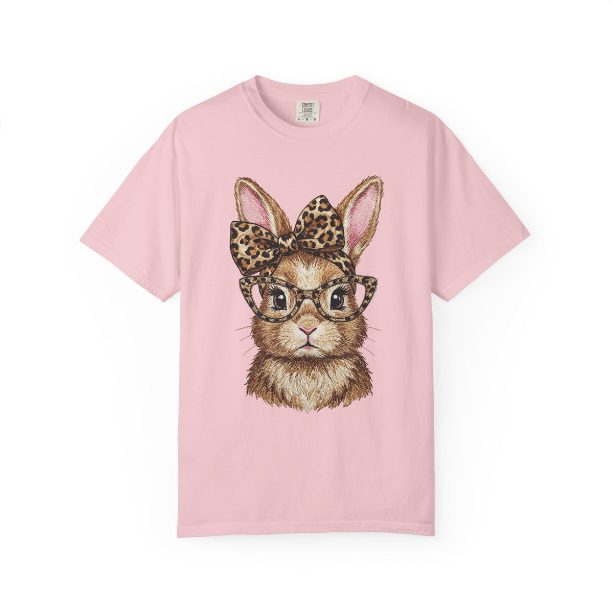 Bunny with Leopard Bow and Glasses - Comfort Colors | Trendy Women's T-Shirt. Direct to Garment. Printed & Shipped in the USA. Unisex Sizes.
