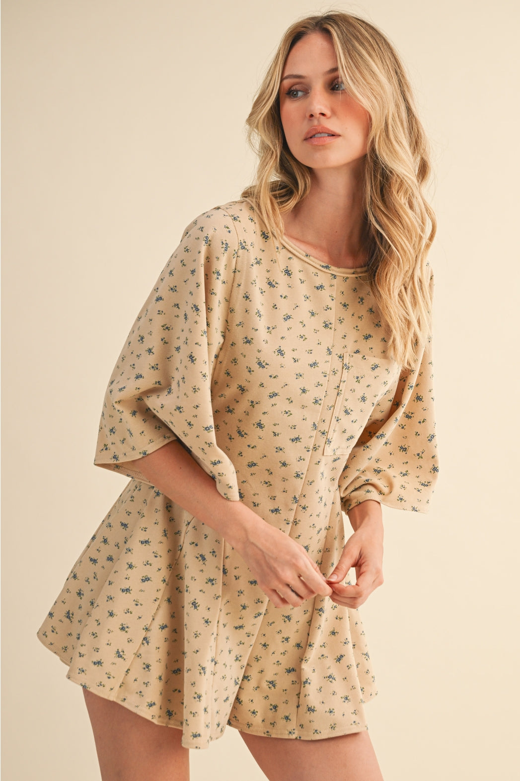 Beige Floral (85% Cotton) Flowy Shorts Romper w/Pockets