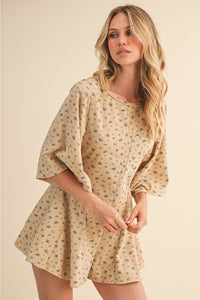 Beige Floral (85% Cotton) Flowy Shorts Romper w/Pockets