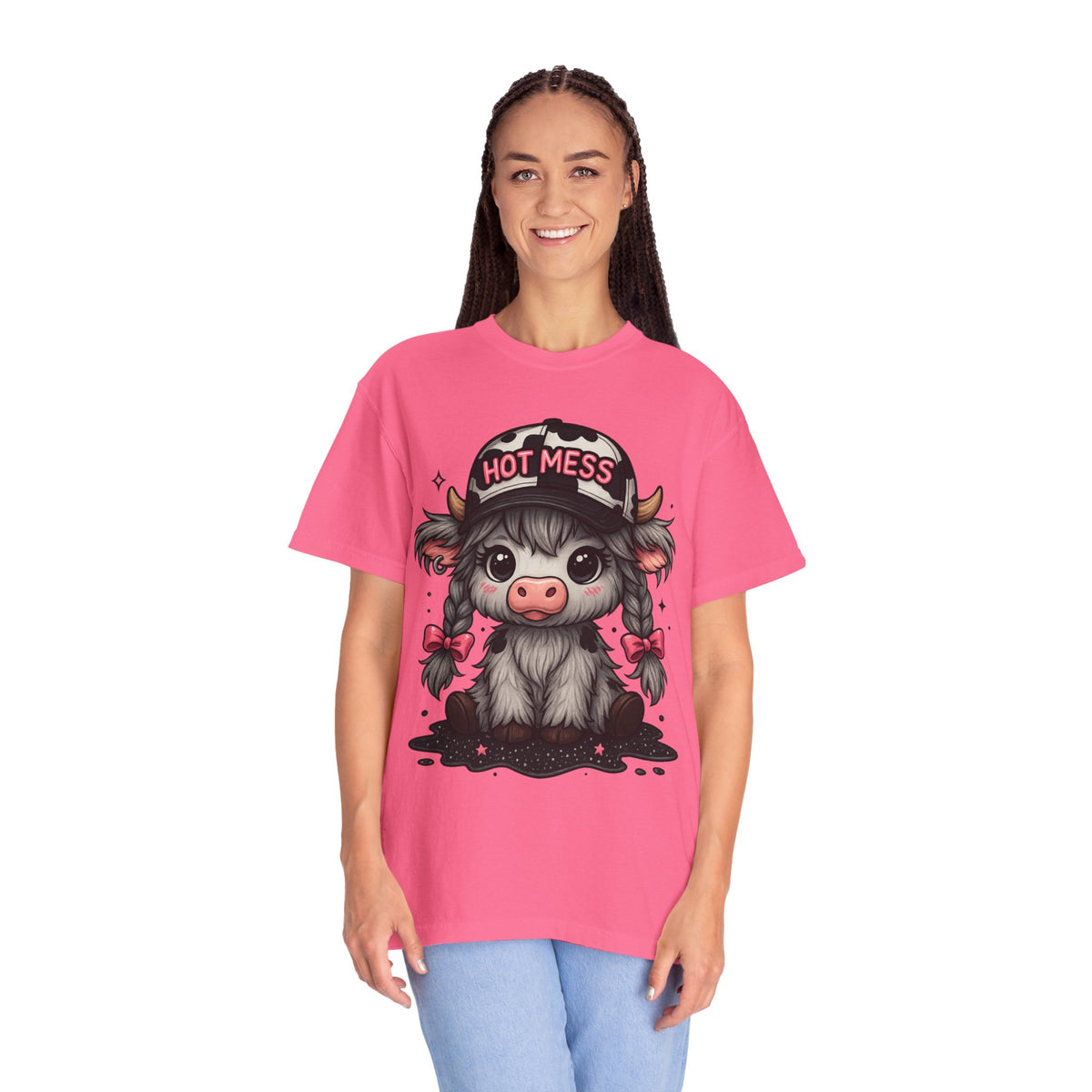 Cute Highland Cow 'Hot Mess' In Braids  - Comfort Colors | Trendy Women's T-Shirt. Direct to Garment. Printed & Shipped in the USA. Unisex Sizes.