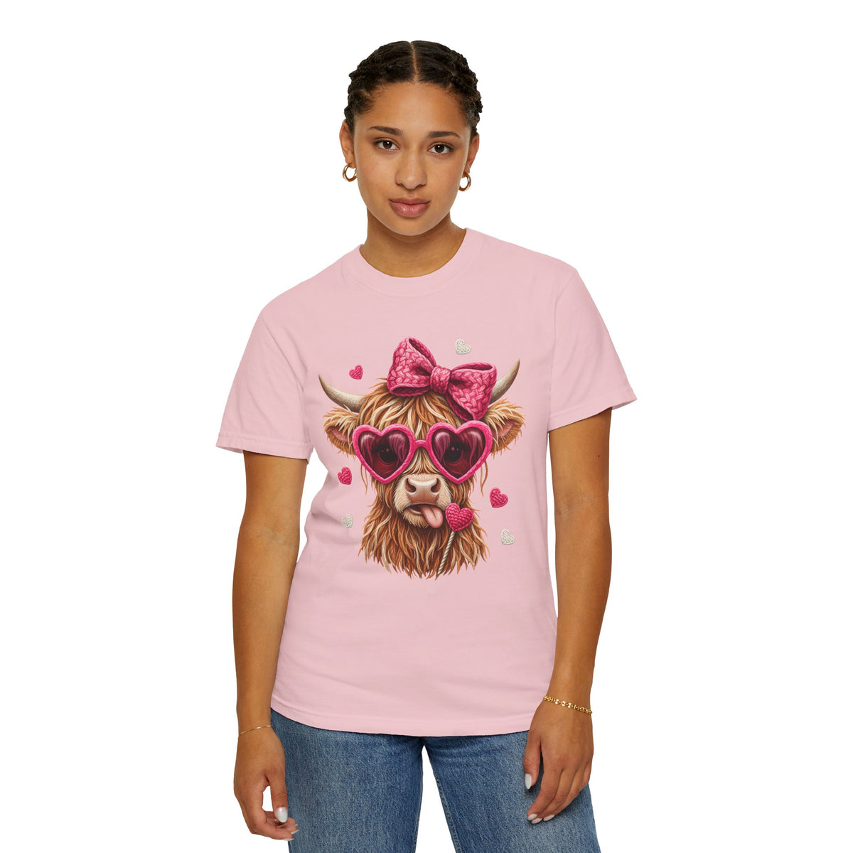 Highland Cow - Pink Heart Shaped Glasses - Comfort Colors | Trendy Women's T-Shirt. Direct to Garment. Printed & Shipped in the USA. Unisex Sizes.