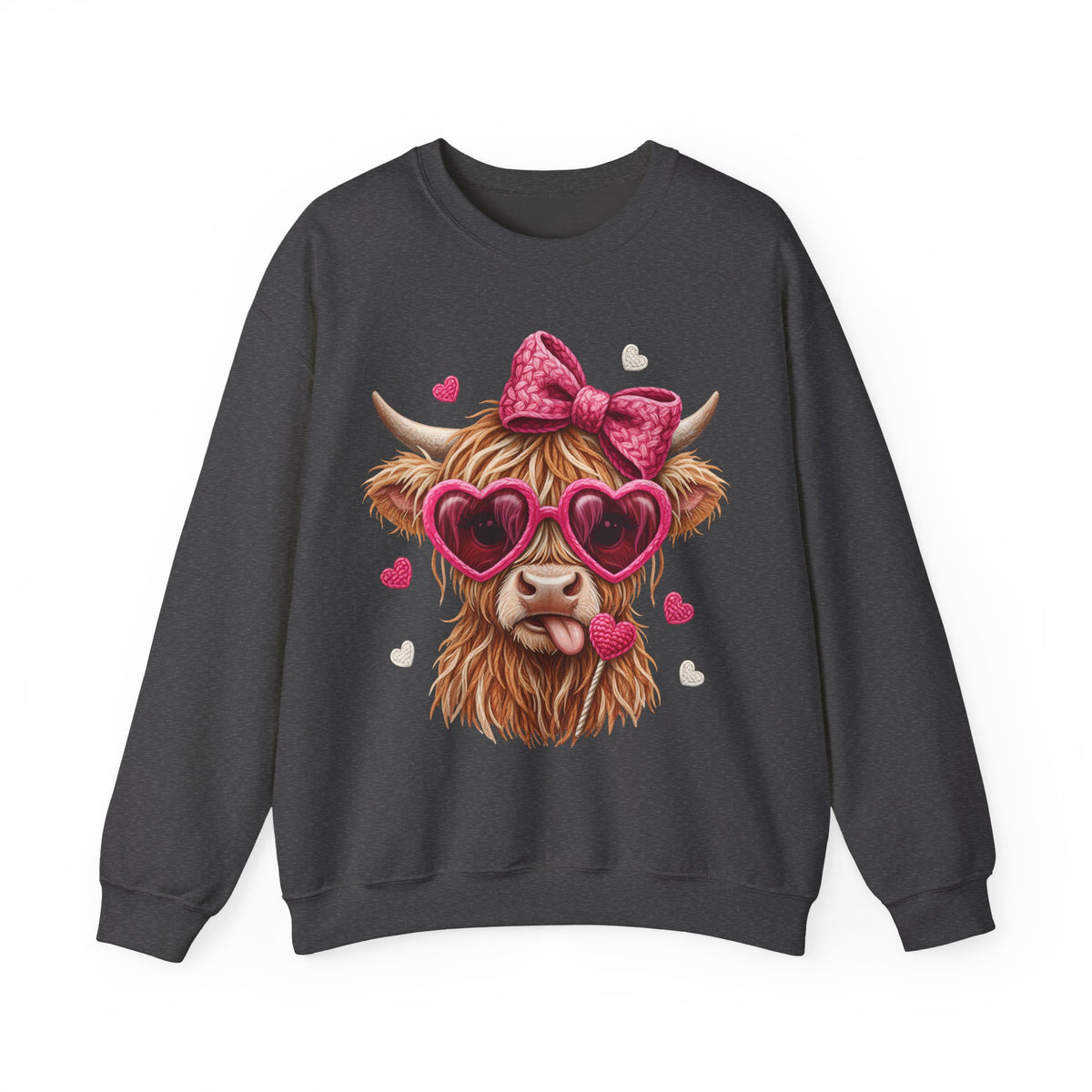 Highland Cow - Pink Heart Shaped Glasses – Gildan Heavy Blend | Trendy Women’s Soft Sweatshirt. Direct to Garment. Printed & Shipped in the USA. Unisex Sizes.