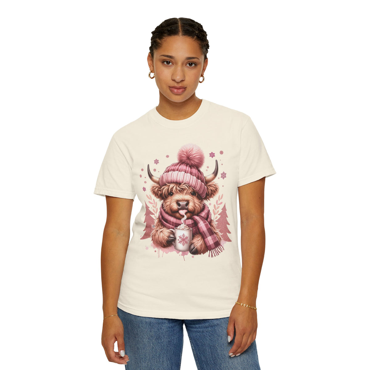 Cozy Highland Cow, Winter Coffee Mug & Scarf - Comfort Colors | Trendy Women's T-Shirt. Direct to Garment. Printed & Shipped in the USA. Unisex Sizes.