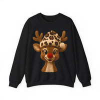 Rudolph Reindeer Leopard Santa Hat Christmas – Gildan Heavy Blend | Trendy Women’s Soft Sweatshirt. Direct to Garment. Printed & Shipped in the USA. Unisex Sizes.