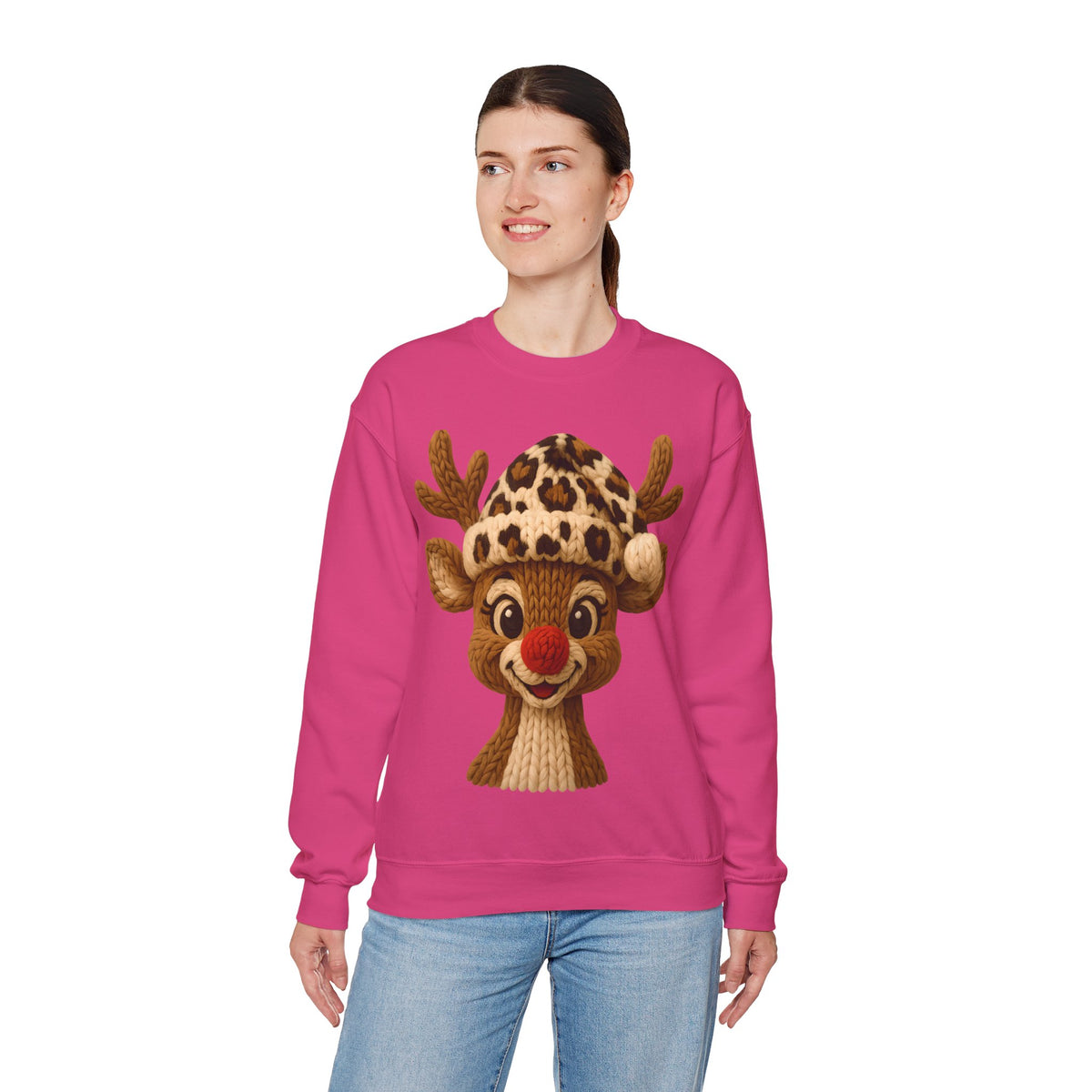 Rudolph Reindeer Leopard Santa Hat Christmas – Gildan Heavy Blend | Trendy Women’s Soft Sweatshirt. Direct to Garment. Printed & Shipped in the USA. Unisex Sizes.