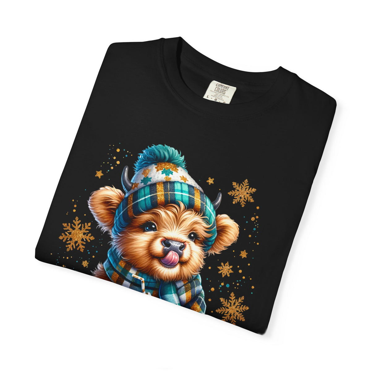 Winter Baby Highland Cow with Cocoa  - Comfort Colors | Trendy Women's T-Shirt. Direct to Garment. Printed & Shipped in the USA. Unisex Sizes.