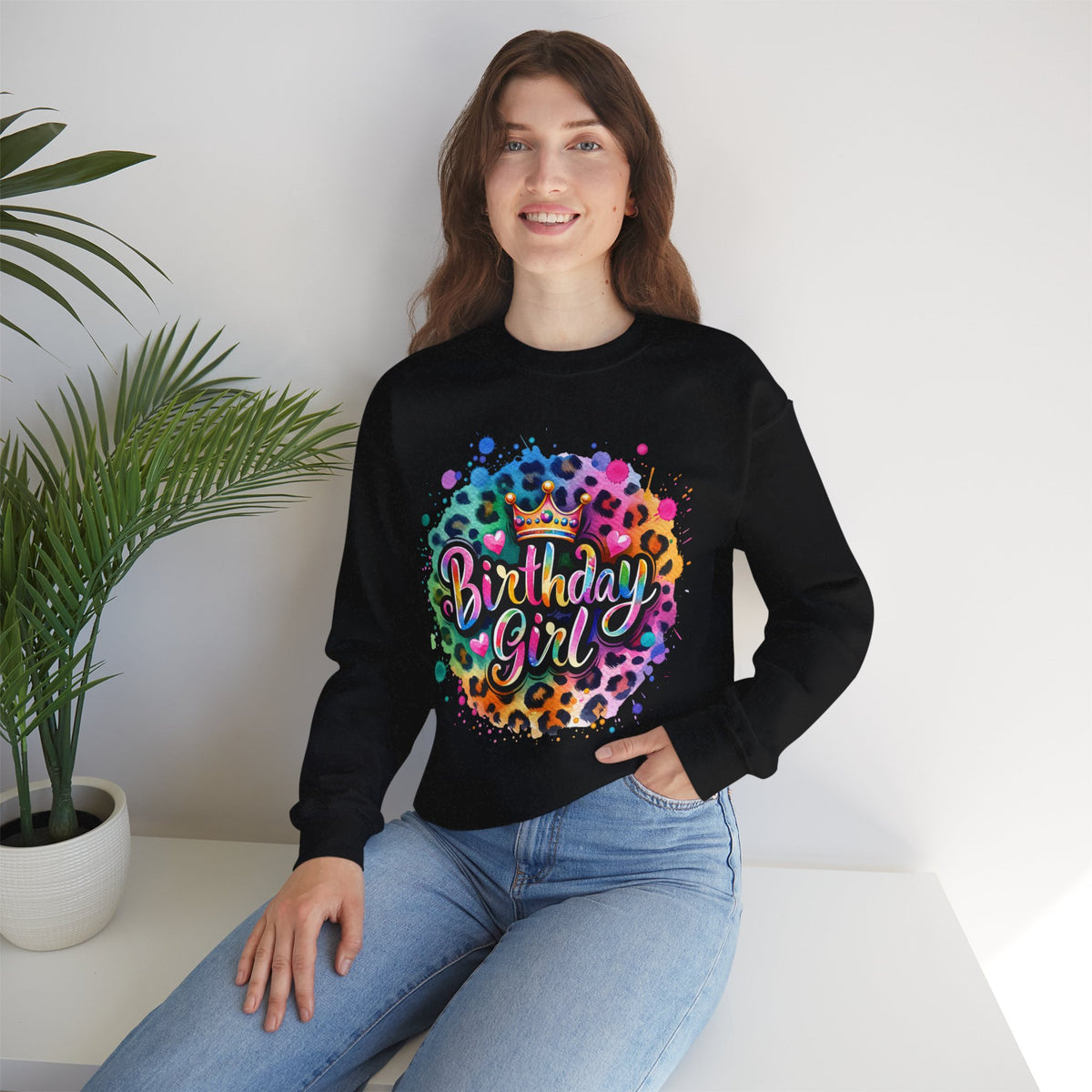 Birthday Girl, Neon Leopard – Gildan Heavy Blend | Trendy Women’s Soft Sweatshirt. Direct to Garment. Printed & Shipped in the USA. Unisex Sizes.