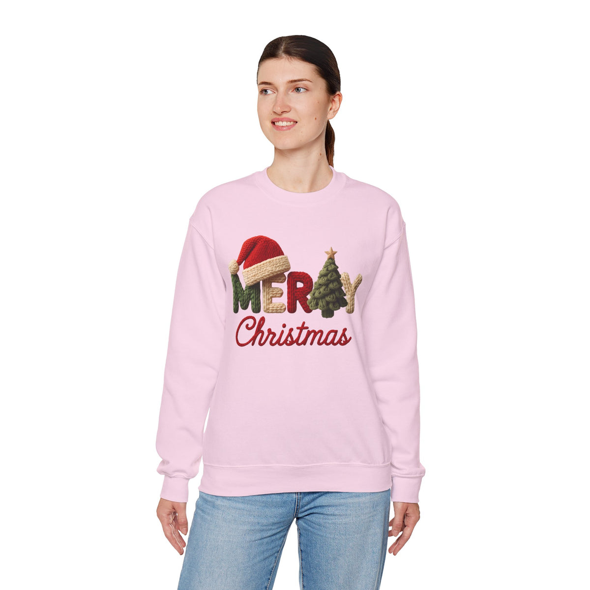 Merry Christmas Faux Yarn w/Santa Hat & Tree – Gildan Heavy Blend | Trendy Women’s Soft Sweatshirt. Direct to Garment. Printed & Shipped in the USA. Unisex Sizes.