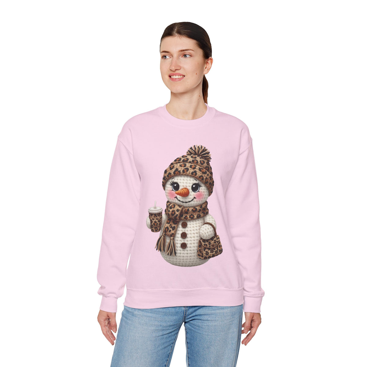 Leopard Snowman - Leopard Purse, Drink, Hat & Scarf – Gildan Heavy Blend | Trendy Women’s Soft Sweatshirt. Direct to Garment. Printed & Shipped in the USA. Unisex Sizes.
