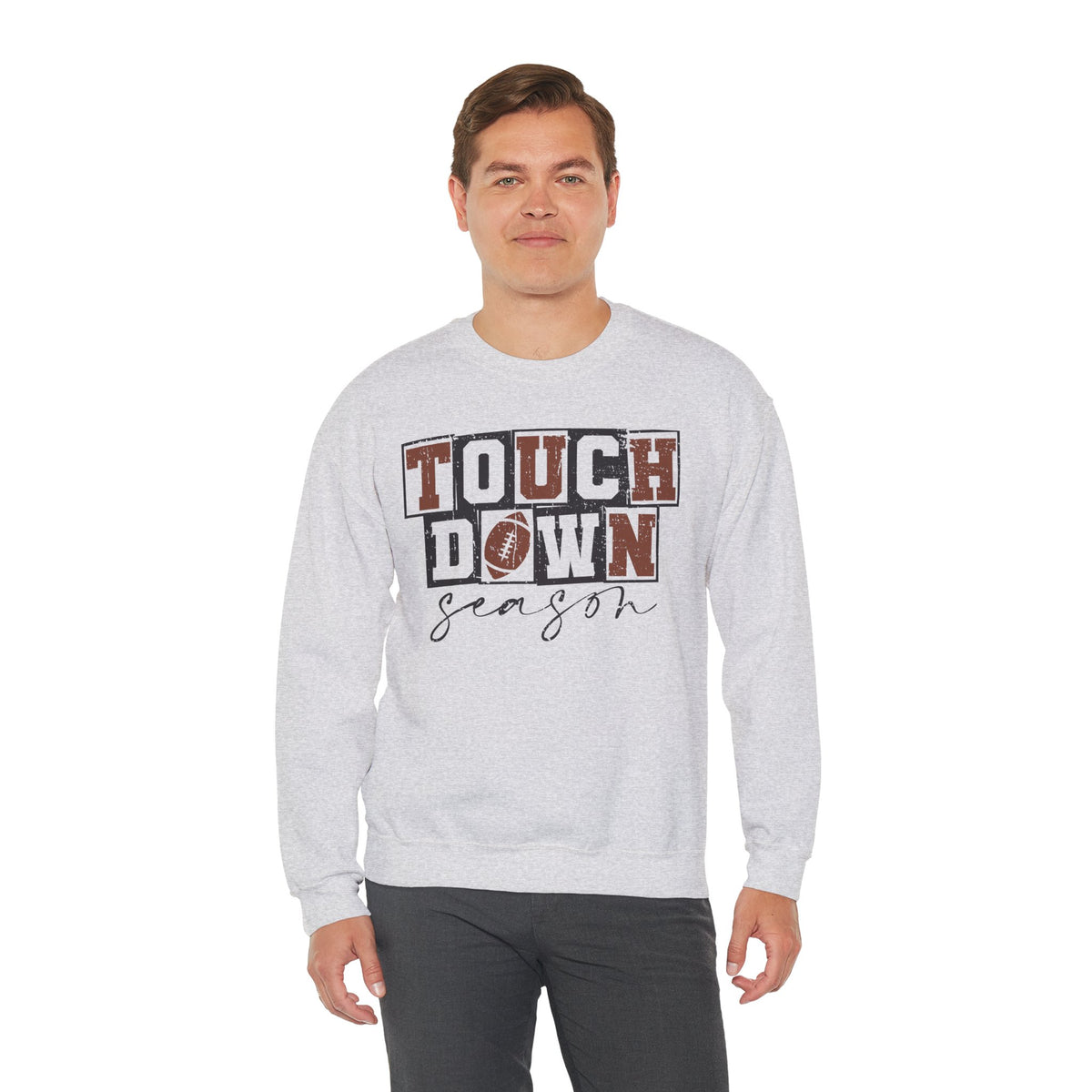 Touchdown Season - Distressed – Gildan Heavy Blend | Trendy Men's and Women’s Soft Sweatshirt. Direct to Garment. Printed & Shipped in the USA. Unisex Sizes.