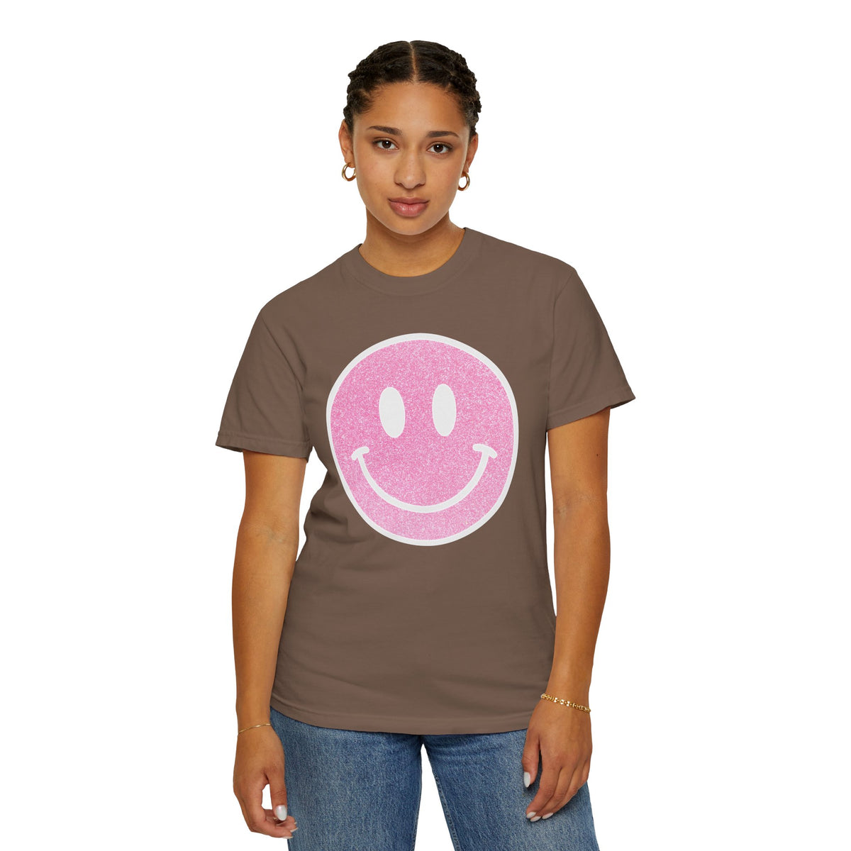 Faux Glitter Smiley - Comfort Colors | Trendy Women's T-Shirt. Direct to Garment. Printed & Shipped in the USA. Unisex Sizes.