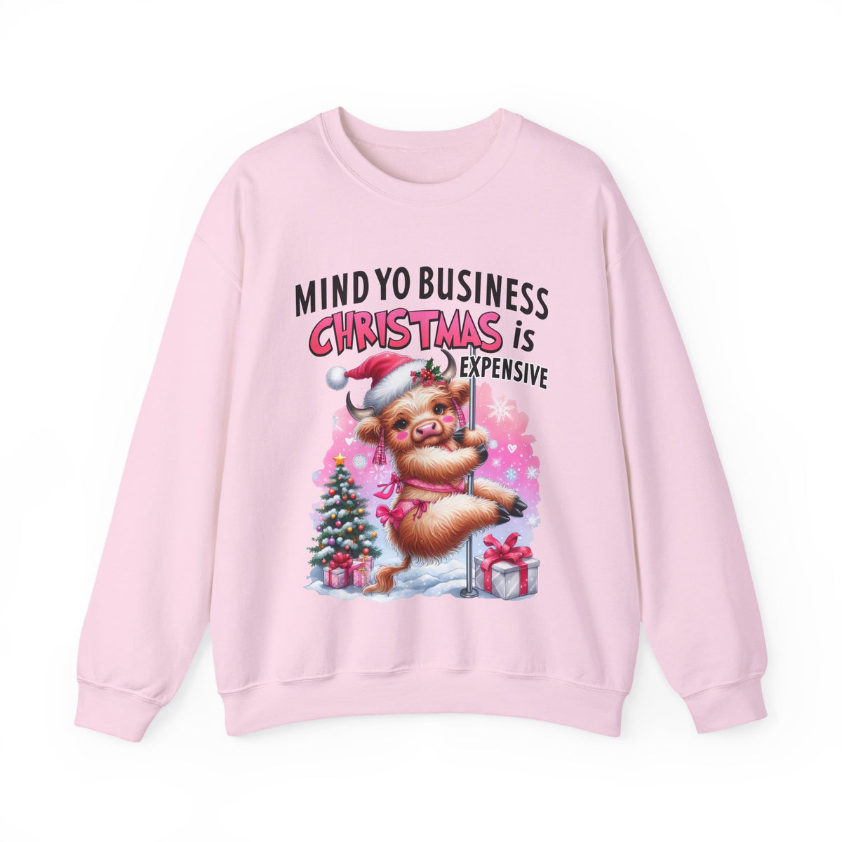 Highland Cow Mind Yo Business Christmas is Expensive – Gildan Heavy Blend | Trendy Women’s Soft Sweatshirt. Direct to Garment. Printed & Shipped in the USA. Unisex Sizes.