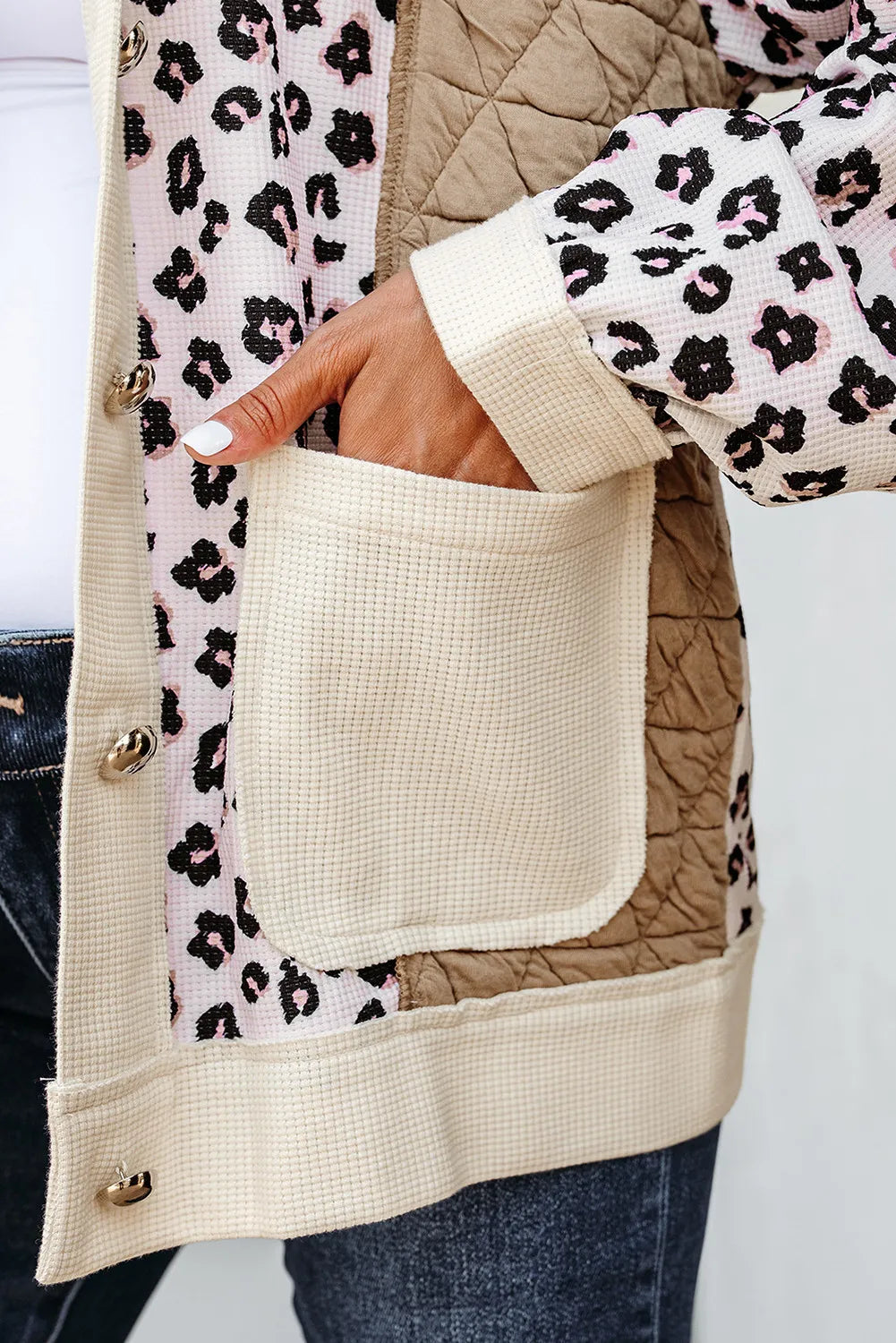 Khaki & Leopard Patchwork Quilted Button-Front Lightweight Jacket with Pockets