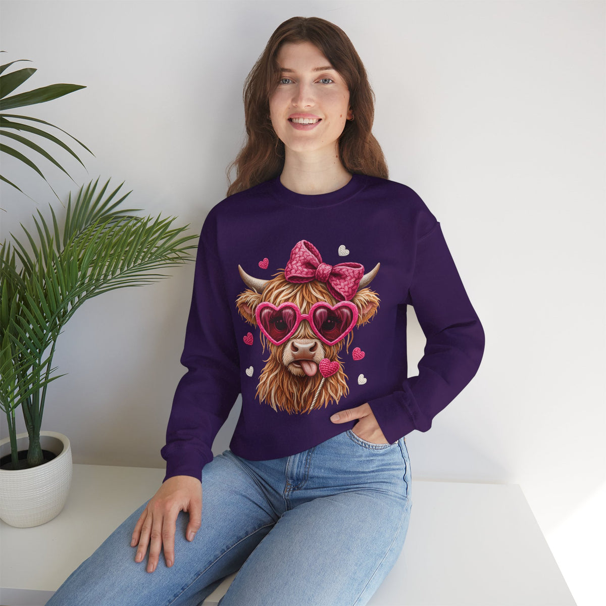 Highland Cow - Pink Heart Shaped Glasses – Gildan Heavy Blend | Trendy Women’s Soft Sweatshirt. Direct to Garment. Printed & Shipped in the USA. Unisex Sizes.