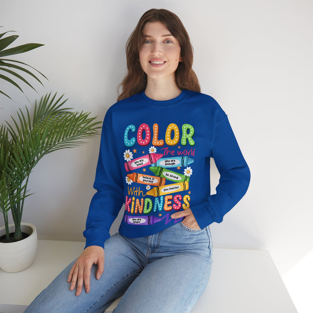Color the World With Kindness Crayons, Great Teacher Gift – Gildan Heavy Blend | Trendy Women’s and Men's Soft Sweatshirt. Direct to Garment. Printed & Shipped in the USA. Unisex Sizes.