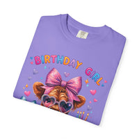 Birthday Girl, Highland Cow - Comfort Colors | Trendy Women's T-Shirt. Direct to Garment. Printed & Shipped in the USA. Unisex Sizes.