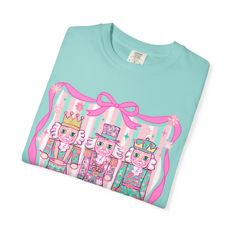Coquette Pastel Christmas Nutcracker Trio Pink and Green - Comfort Colors | Trendy Women's T-Shirt. Direct to Garment. Printed & Shipped in the USA. Unisex Sizes.