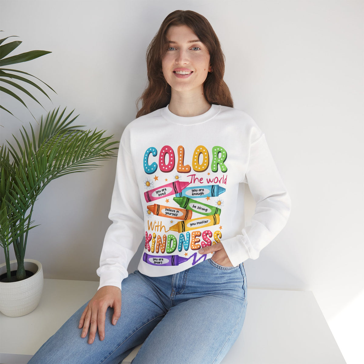 Color the World With Kindness Crayons, Great Teacher Gift – Gildan Heavy Blend | Trendy Women’s and Men's Soft Sweatshirt. Direct to Garment. Printed & Shipped in the USA. Unisex Sizes.