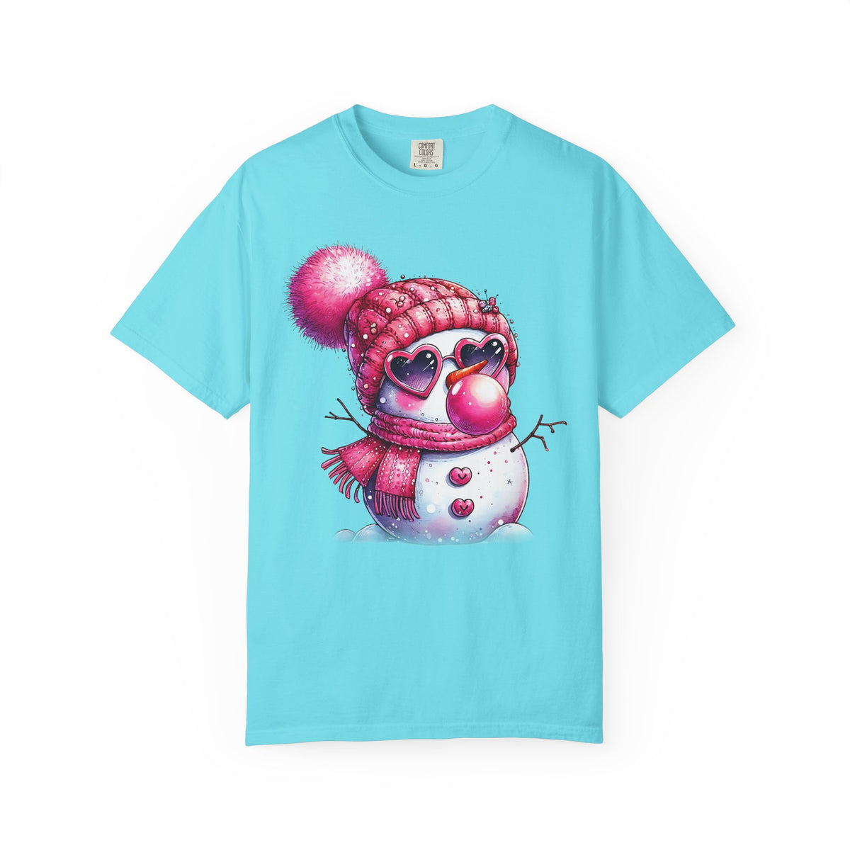 Pink Girly Snowman with Heart Sunglasses and Bubblegum Winter - Comfort Colors | Trendy Women's T-Shirt. Direct to Garment. Printed & Shipped in the USA. Unisex Sizes.