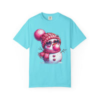 Pink Girly Snowman with Heart Sunglasses and Bubblegum Winter - Comfort Colors | Trendy Women's T-Shirt. Direct to Garment. Printed & Shipped in the USA. Unisex Sizes.